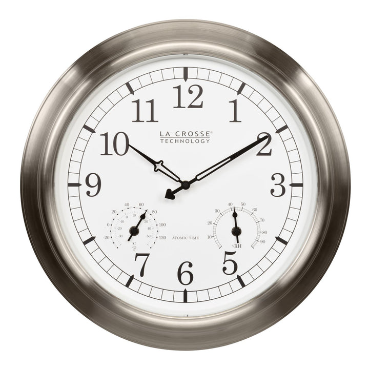 404-80017 17.9-inch Indoor/Outdoor Atomic Analog Wall Clock – Stainless Steel