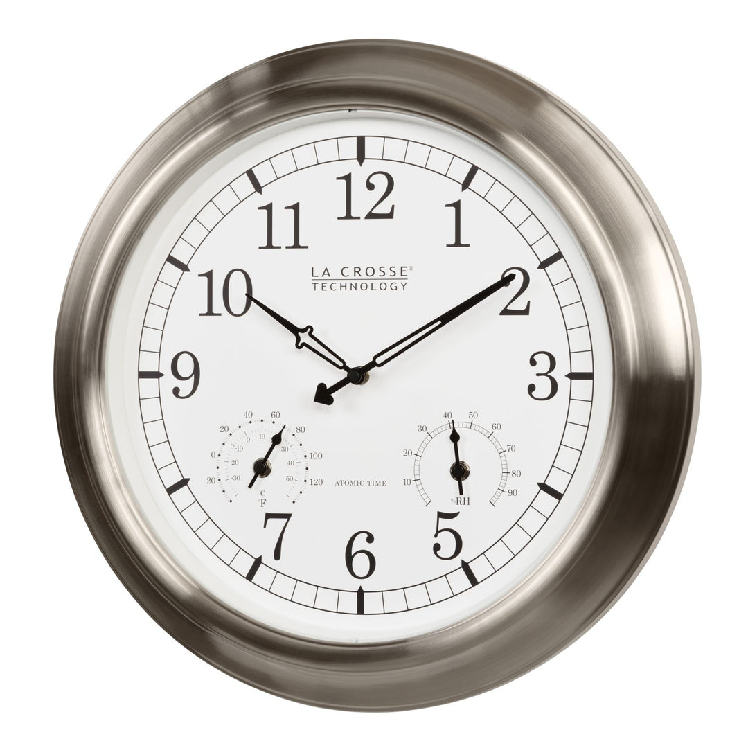 17.9-inch Indoor/Outdoor Atomic Analog Wall Clock – Stainless Steel