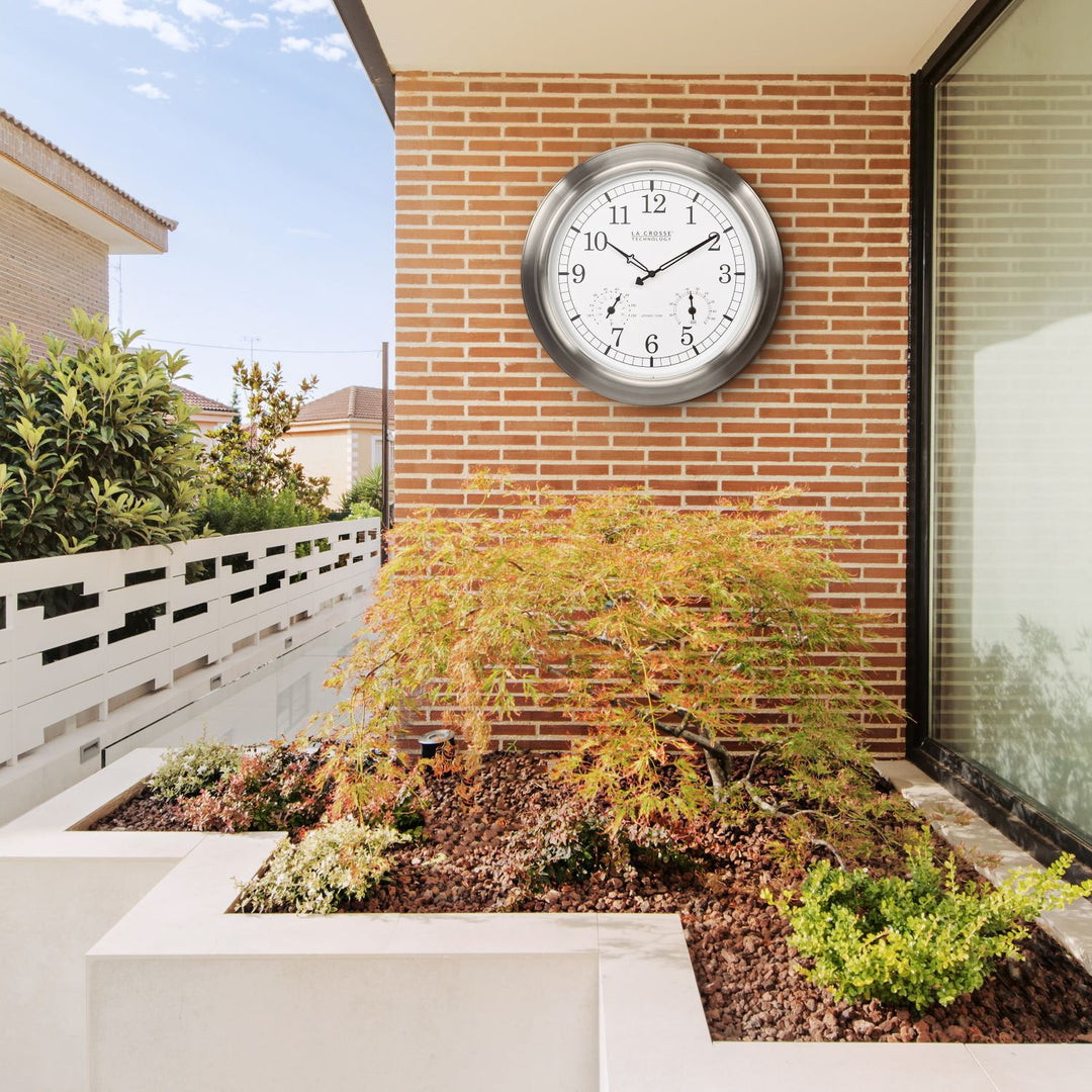 404-80017 17.9-inch Indoor/Outdoor Atomic Analog Wall Clock – Stainless Steel
