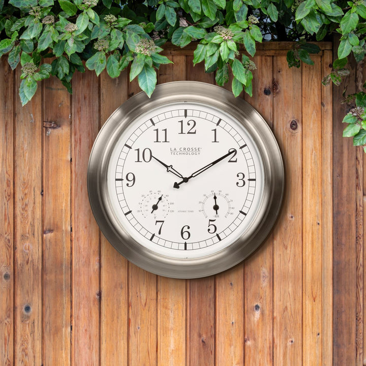404-80017 17.9-inch Indoor/Outdoor Atomic Analog Wall Clock – Stainless Steel