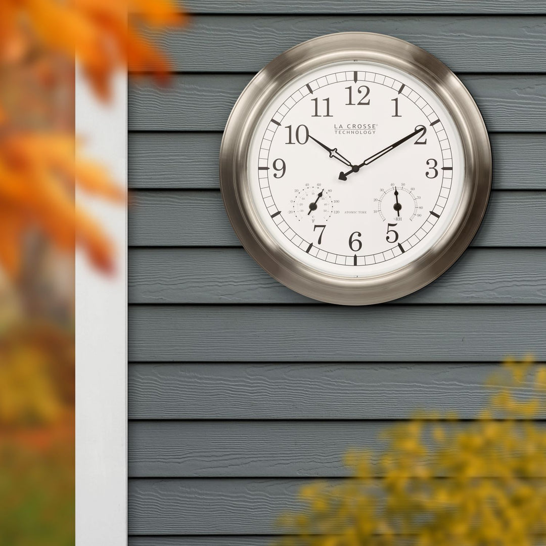 404-80017 17.9-inch Indoor/Outdoor Atomic Analog Wall Clock – Stainles