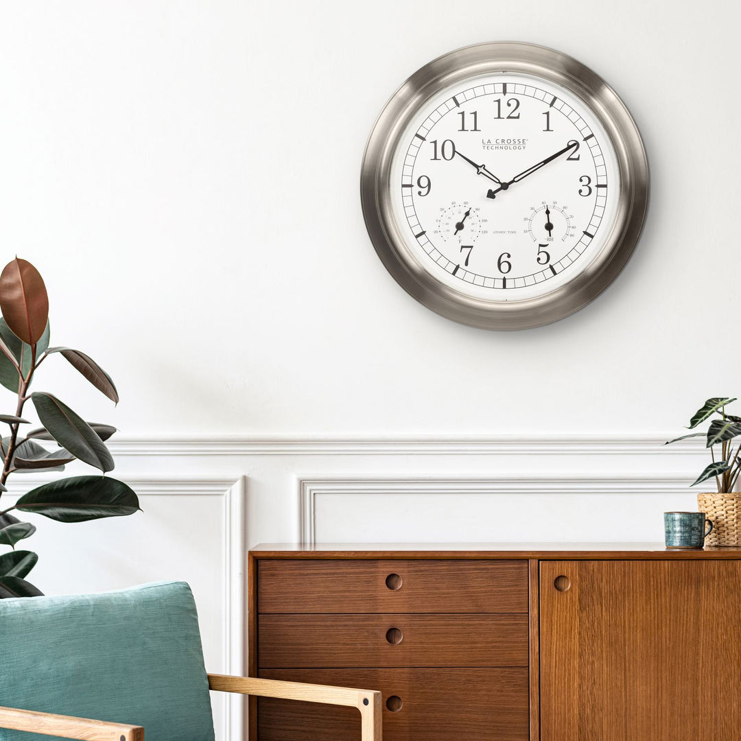 404-80017 17.9-inch Indoor/Outdoor Atomic Analog Wall Clock – Stainles