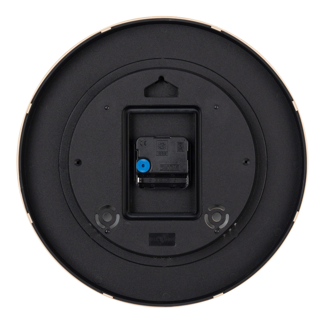 Back image of the 425-3831 11.8-inch Tide Wall Clock, showing the battery compartment, the quartz movement, and the hanging hole.