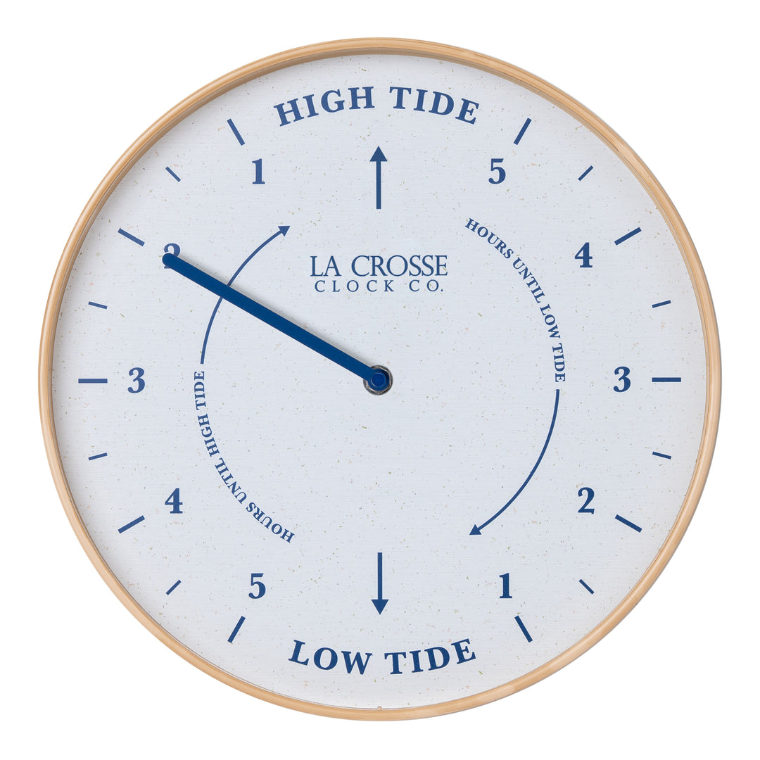 Head-on image of the 425-3831 11.8-inch Tide Wall Clock. The clock features a light wood frame, a white and tan speckled dial, blue numbers, markings, and a blue metal hand.