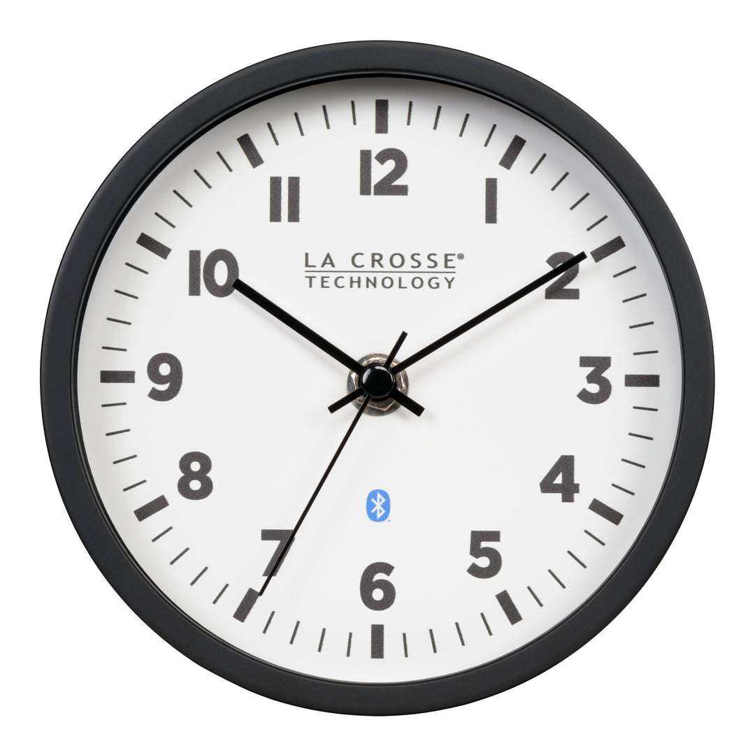 Head-on image of the 437-3816 Insta-Set Table/Wall Clock with Bluetooth® Technology featuring a white dial with bold black numerals, black metal hands, and a black frame with the base removed for wall hanging placement.