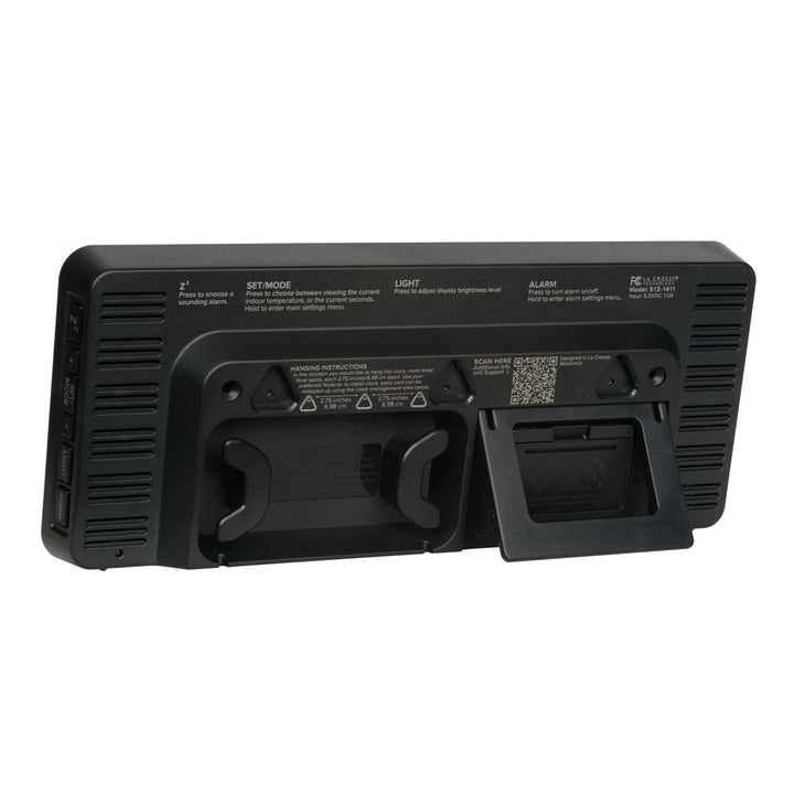 Angled back image of the 513-1411R Digital LED Wall Clock with Indoor Temperature featuring the pull-out kickstand, cable management system, hanging holes, and the battery compartment.