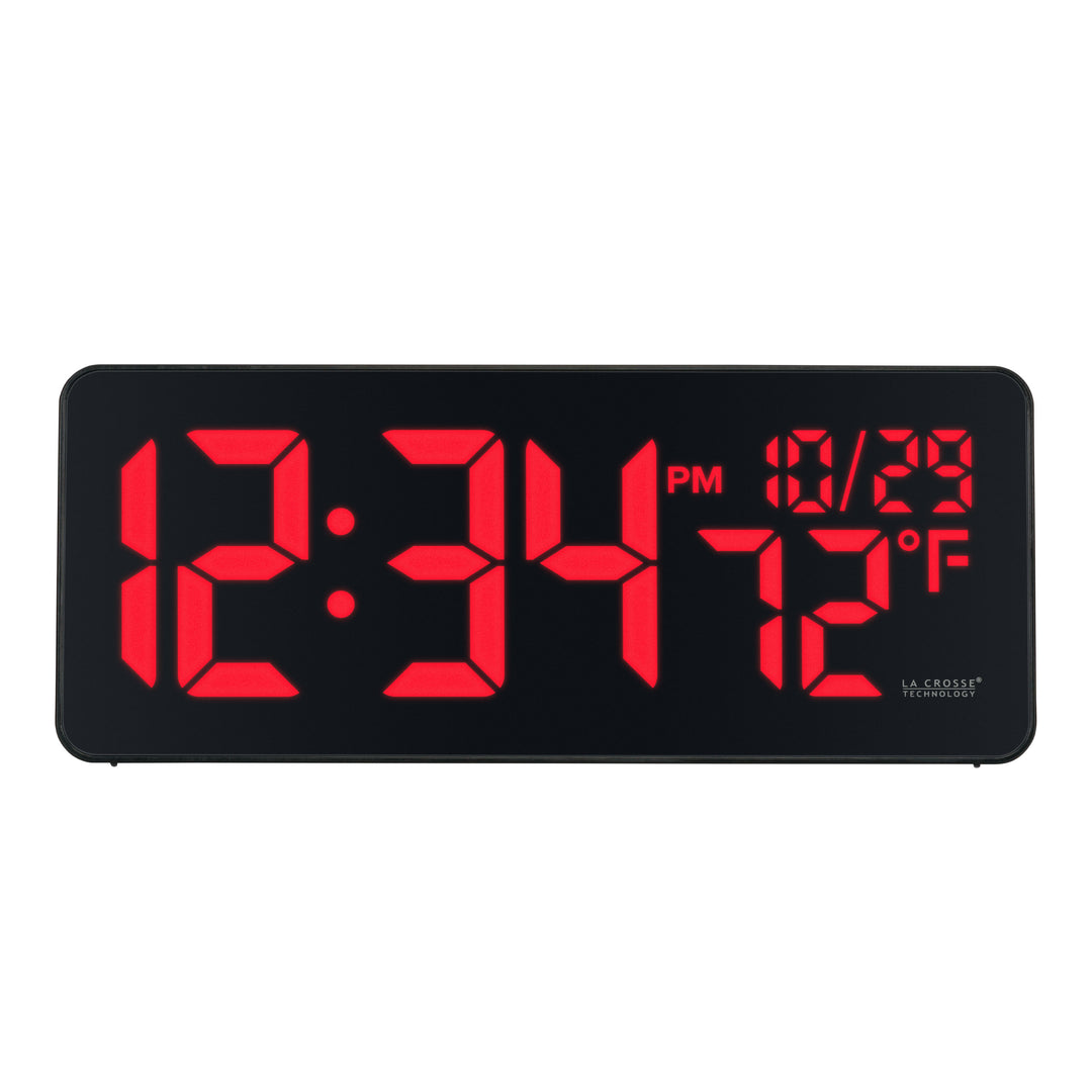 Head-on image of the 513-1411R Digital LED Wall Clock with Indoor Temperature features large 3-inch LED time digits, indoor temperature, and the date.