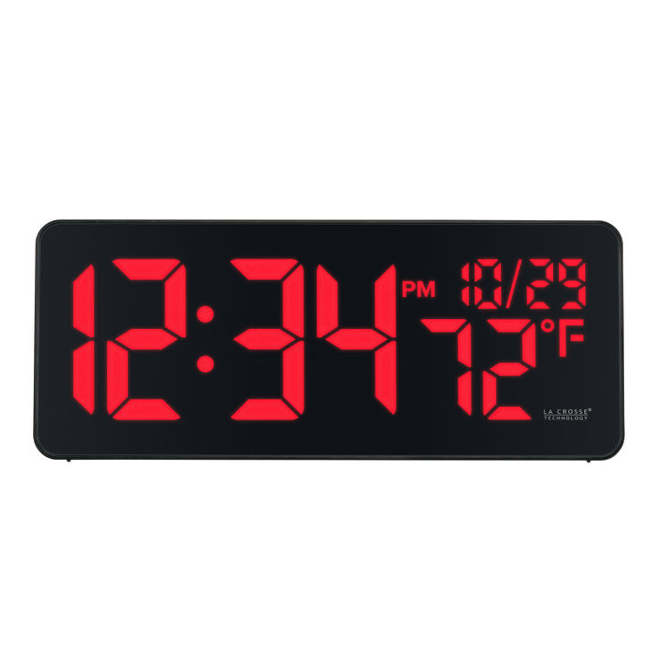 Head-on image of the 513-1411R Digital LED Wall Clock with Indoor Temperature features large 3-inch LED time digits, indoor temperature, and the date.