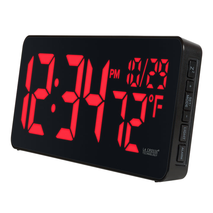 Left-facing image of the 513-1411R Digital LED Wall Clock with Indoor Temperature features large 3-inch LED time digits, indoor temperature, and the date.