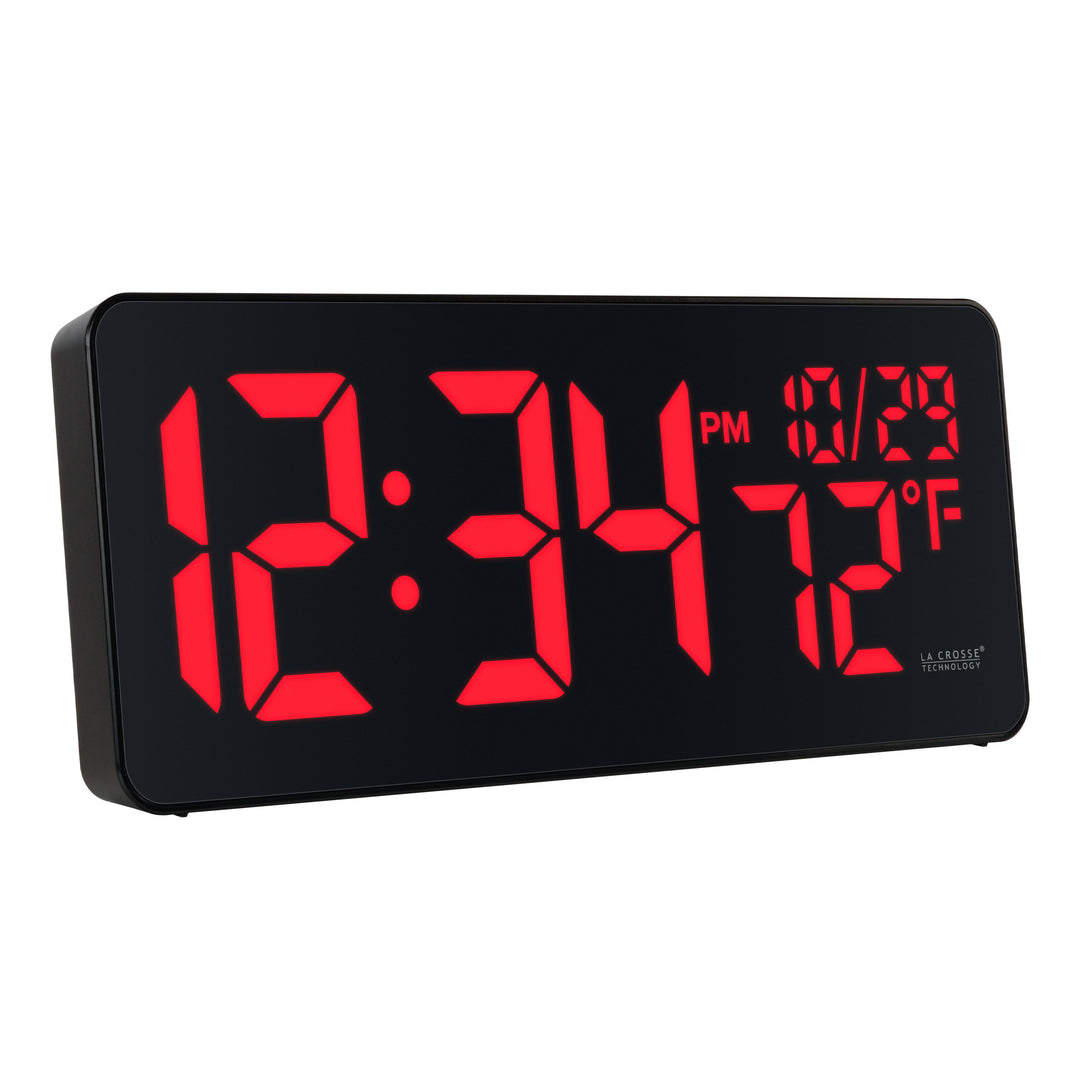 Angled right-facing image of the 513-1411R Digital LED Wall Clock with Indoor Temperature features large 3-inch LED time digits, indoor temperature, and the date.