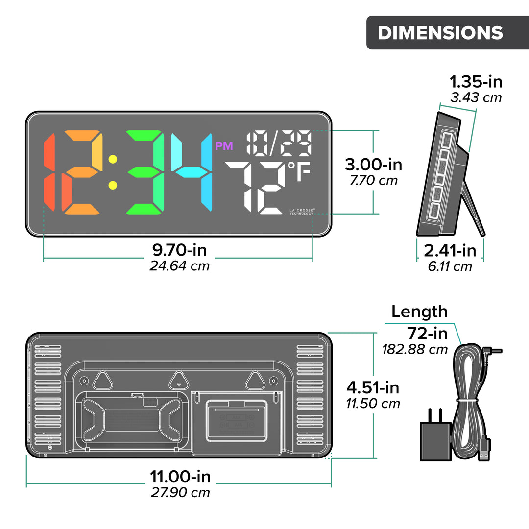 Orthographic image of the 513-1411 Color-Changing LED Wall Clock in a sleek black case displaying time, date, and indoor temperature. With text listing dimensions including the 3-inch digits, the 11-inch length, 4.51-inch height and the 2.41-inch depth with stand and the included 6-foot power cord and brick