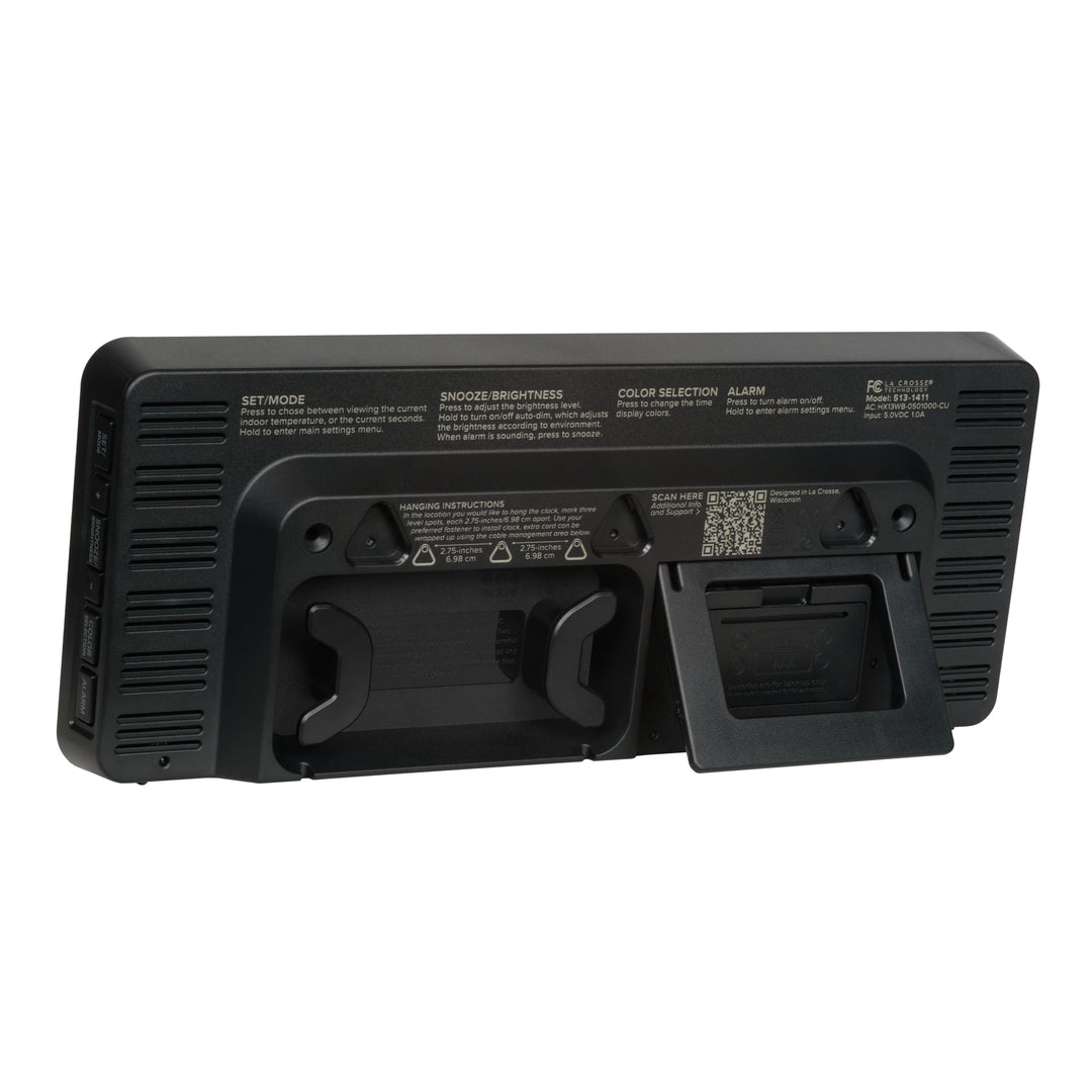 Back view of the 513-1411 Color-Changing LED Wall  or tabletop Clock  in a sleek black case showing the built-in kickstand and the three wall mount keyholes for versatile placement