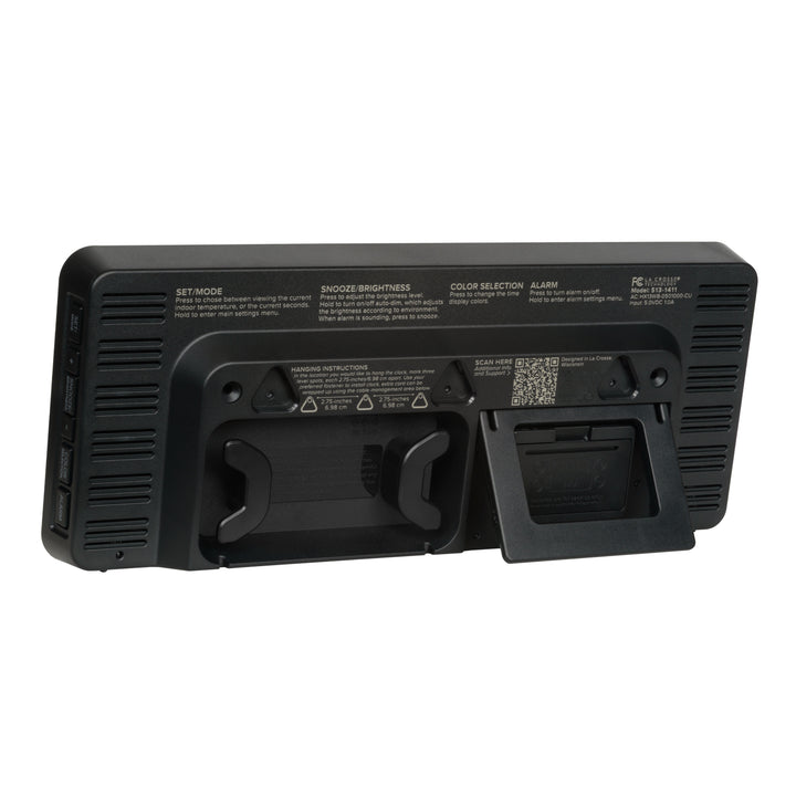 Back view of the 513-1411 Color-Changing LED Wall  or tabletop Clock  in a sleek black case showing the built-in kickstand and the three wall mount keyholes for versatile placement