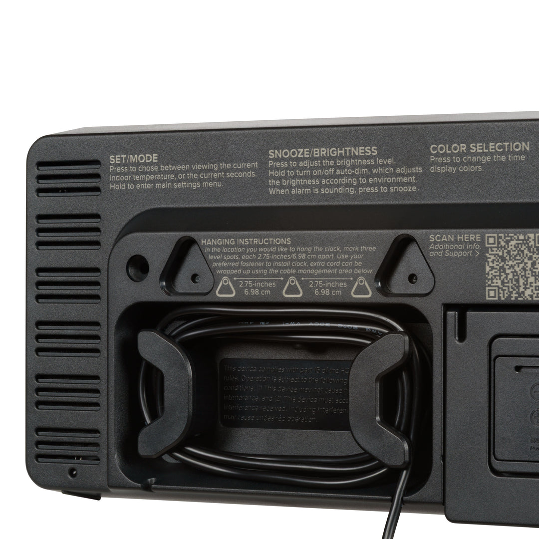 Back view of the 513-1411 Color-Changing LED Wall or tabletop Clock  showing the 6-foot power cord able management system.