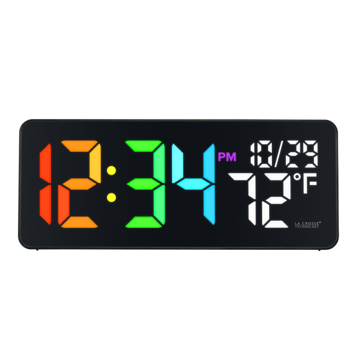 513-1411 Color-Changing LED Wall Clock  in a sleek black case displaying time, date, and indoor temperature in one of the 22 color modes shown in the gradient rainbow mode. Features 3-inch digits with a vibrant RGB-style color-changing display and a glossy lens finish.