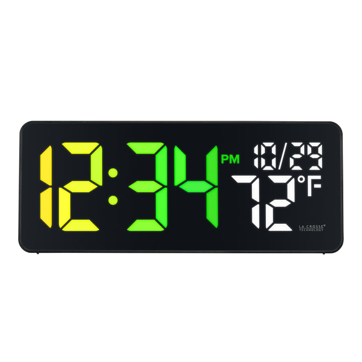 513-1411 Color-Changing LED Wall Clock  in a sleek black case displaying time, date, and indoor temperature in one of the 22 color modes shown in the gradient garden mode. Features 3-inch digits with a vibrant RGB-style color-changing display and a glossy lens finish.