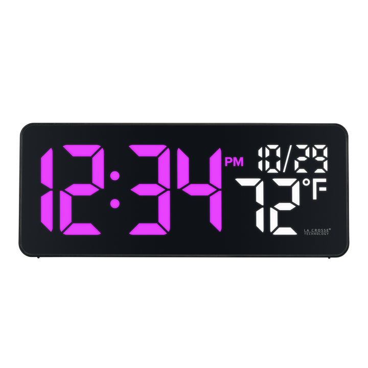 513-1411 Color-Changing LED Wall Clock  in a sleek black case displaying time, date, and indoor temperature in one of the 22 color modes shown in the solid color mode purple. Features 3-inch digits with a vibrant RGB-style color-changing display and a glossy lens finish.