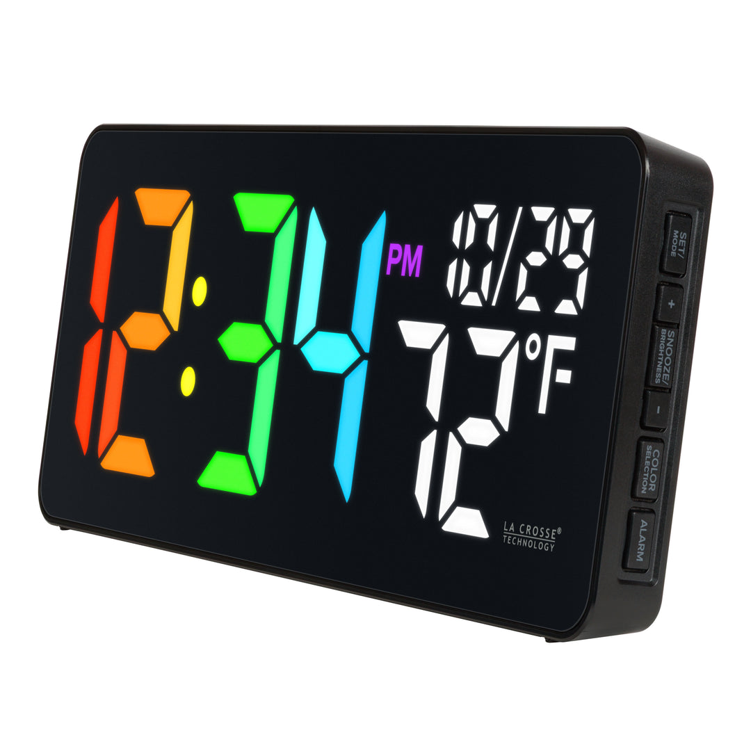 Right facing 513-1411 Color-Changing LED Wall Clock  in a sleek black case displaying time, date, and indoor temperature. Features 3-inch digits with a vibrant RGB-style color-changing display and a glossy lens finish.