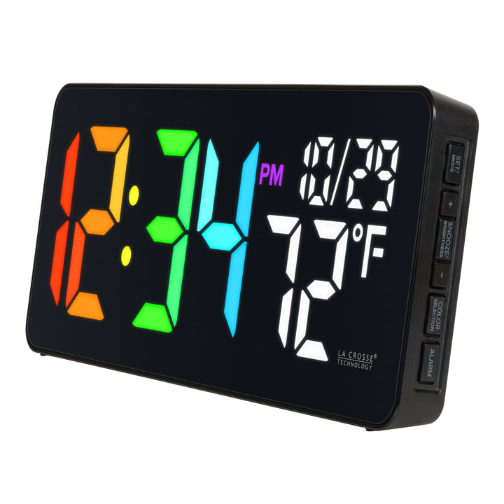 Right facing 513-1411 Color-Changing LED Wall Clock  in a sleek black case displaying time, date, and indoor temperature. Features 3-inch digits with a vibrant RGB-style color-changing display and a glossy lens finish.