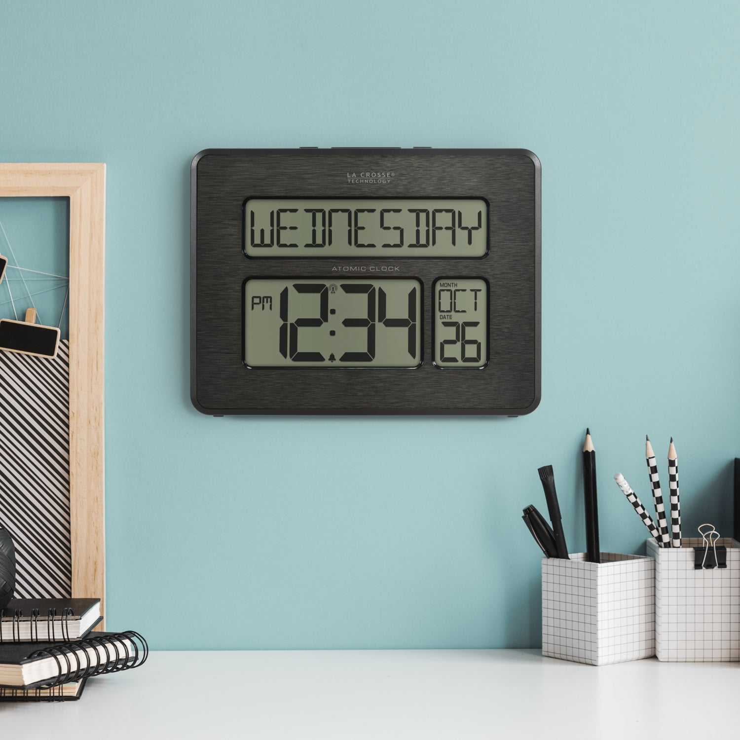 513-1419C Atomic Digital Wall Clock with Calendar and Indoor Temperatu