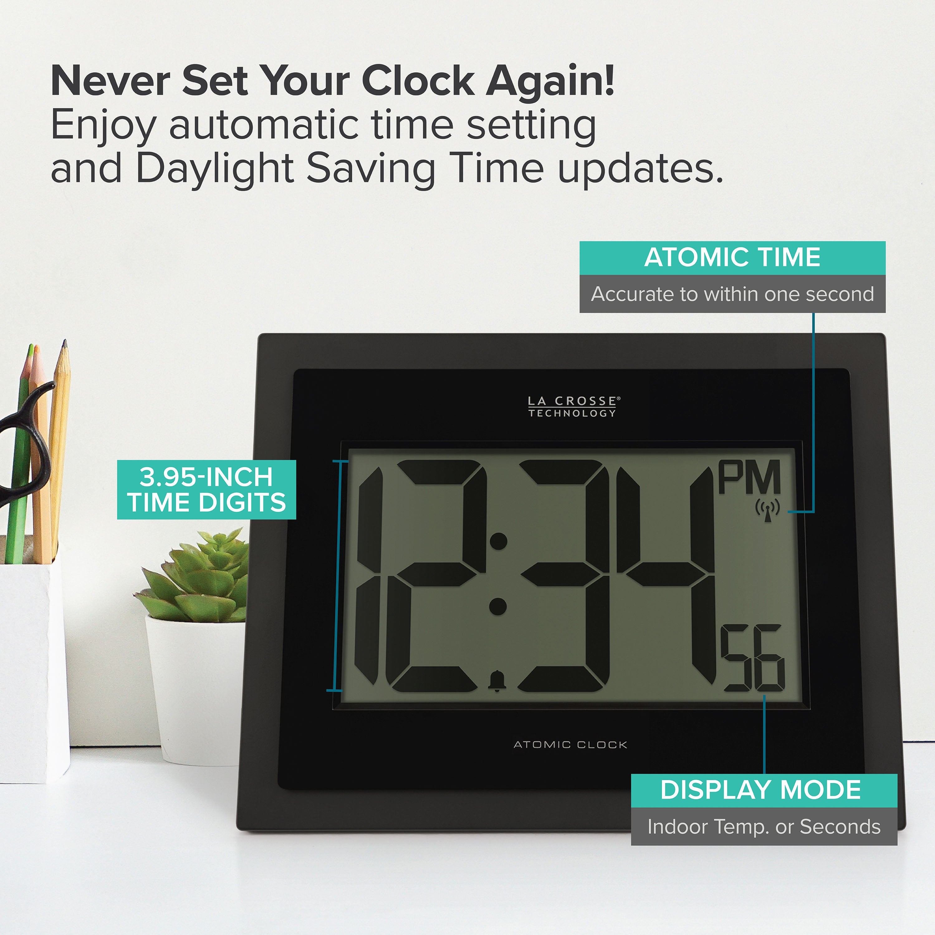513-54087 Atomic Digital Wall Clock with Indoor Temp and Time Advance