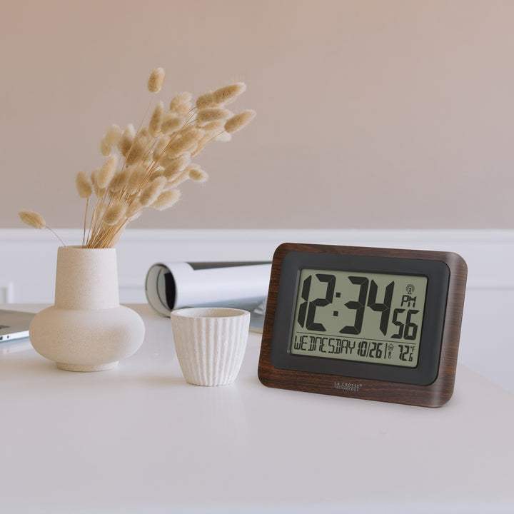 513-17907 Atomic Digital Wall Clock - Dark Wood