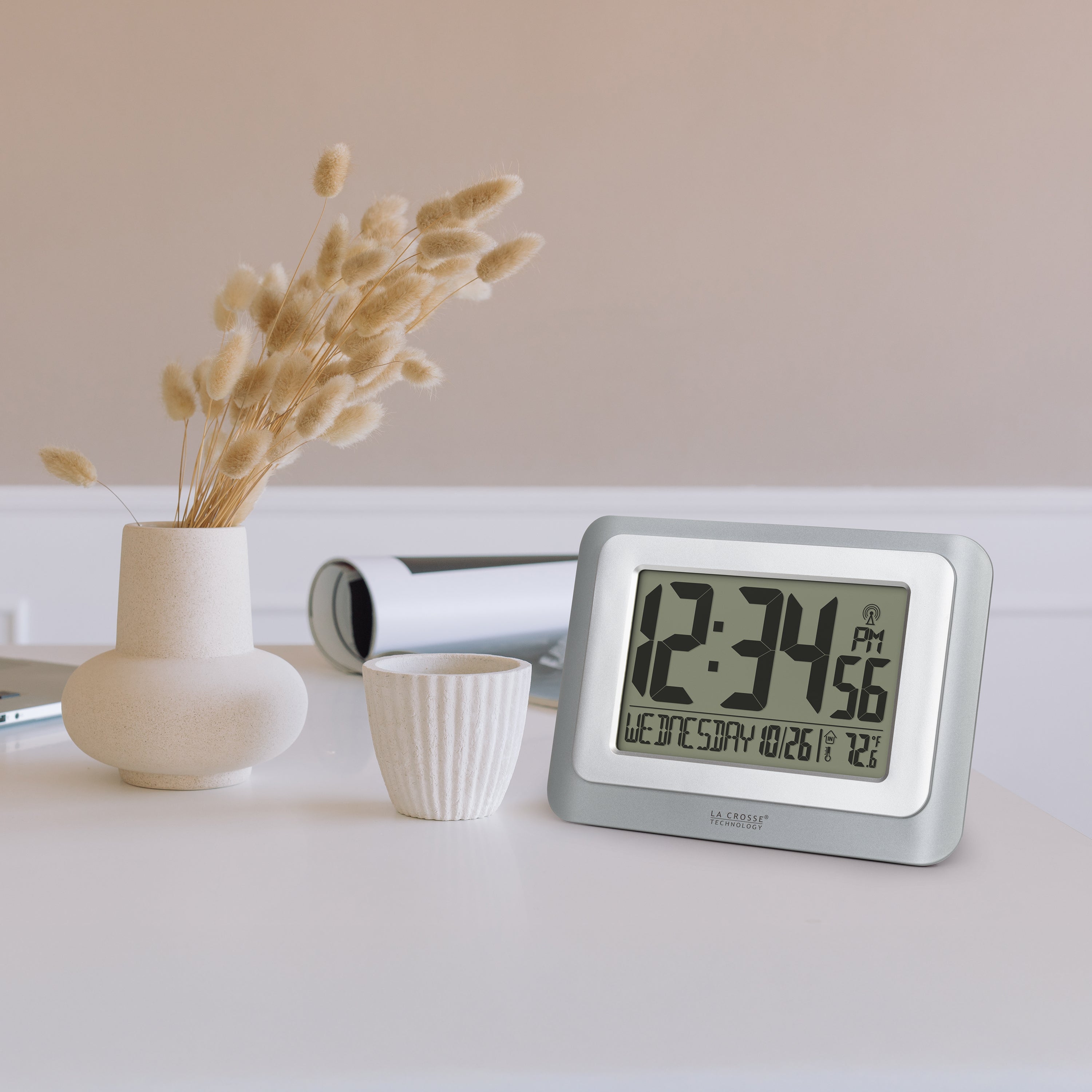 513-88907 Atomic Digital Wall Clock - Silver