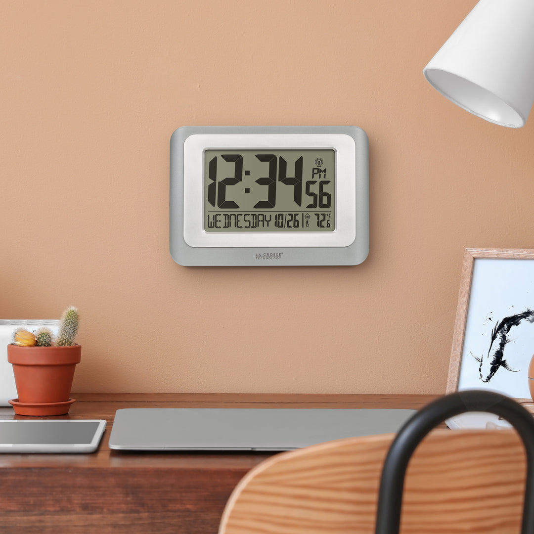513-88907 Atomic Digital Wall Clock - Silver