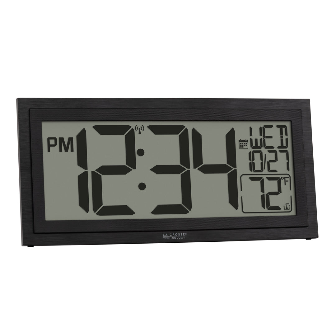 Right-facing image of the 515-1419v2 Atomic Digital Wall Clock with Time Advance. The digital wall clock features a dual black frame, easy-to-read 4.49-inch time digits, indoor temperature reading of 72 degrees Fahrenheit, and a calendar.