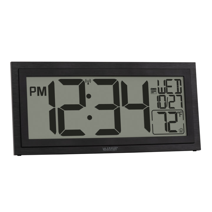 Right-facing image of the 515-1419v2 Atomic Digital Wall Clock with Time Advance. The digital wall clock features a dual black frame, easy-to-read 4.49-inch time digits, indoor temperature reading of 72 degrees Fahrenheit, and a calendar.