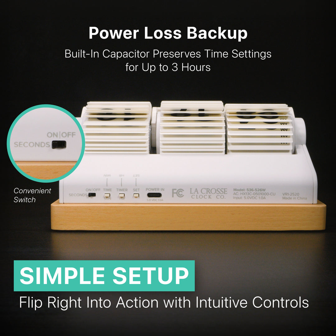 Back image of the 536-526W (Rollins Mechanical Flip Clock), showcasing its intuitive controls, simple setup, and convenient Seconds ON/OFF switch. The image also points out the Power Loss Backup feature, which uses a built-in capacitor to preserve time settings for up to 3 hours.