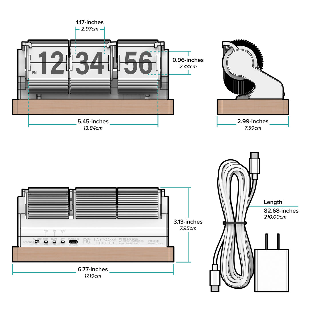 Measurement chart of a clock, tape measure, and electronic device with dimensions labeled. 536-526W