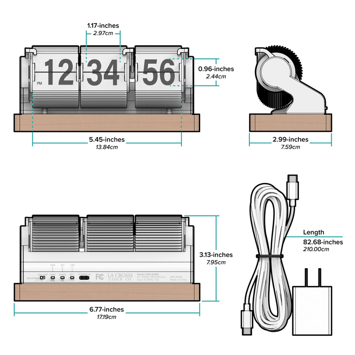 Measurement chart of a clock, tape measure, and electronic device with dimensions labeled. 536-526W