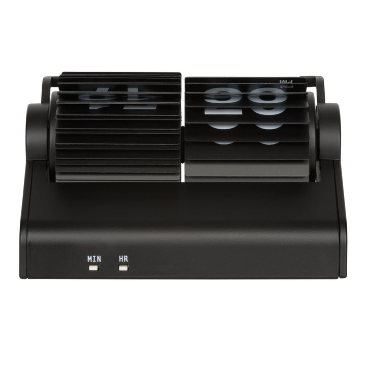 Back image of the 536-527B Rollins Mini Mechanical Flip Clock – Black, showing the flip cards and the hour (HR) and minute (MIN) switches. The clock features black hour and minute flip cards with white numbers in a black case.