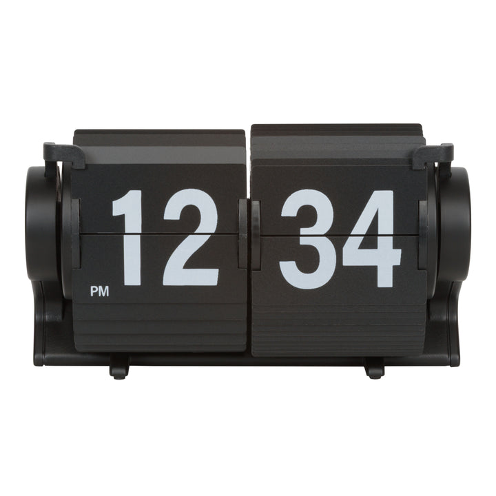 Head-on image of the 536-527B Rollins Mini Mechanical Flip Clock - Black  featuring black hour and minute flip cards with white numbers in a black case.