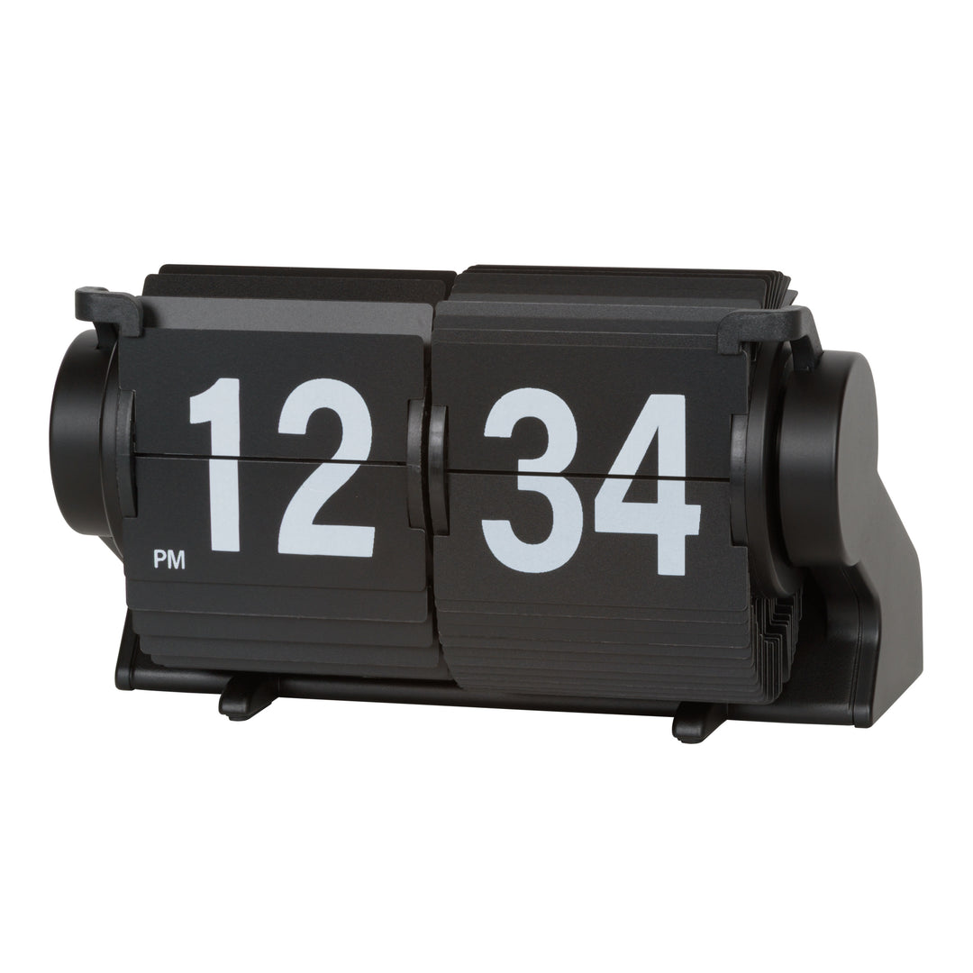 Left-facing image of the 536-527B Rollins Mini Mechanical Flip Clock - Black featuring black hour and minute flip cards with white numbers in a black case.