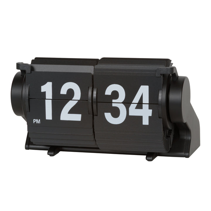 Left-facing image of the 536-527B Rollins Mini Mechanical Flip Clock - Black featuring black hour and minute flip cards with white numbers in a black case.