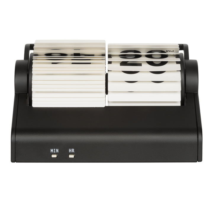 Back image of the 536-527W Rollins Mini Mechanical Flip Clock – White, showing the flip cards and the hour (HR) and minute (MIN) switches. The clock features white hour and minute flip cards with black numbers in a black case.