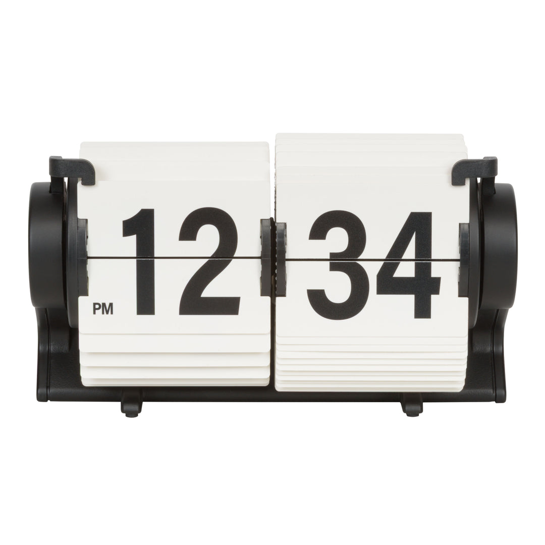 Head-on image of the 536-527W Rollins Mini Mechanical Flip Clock - White featuring white hour and minute flip cards with black numbers in a black case.