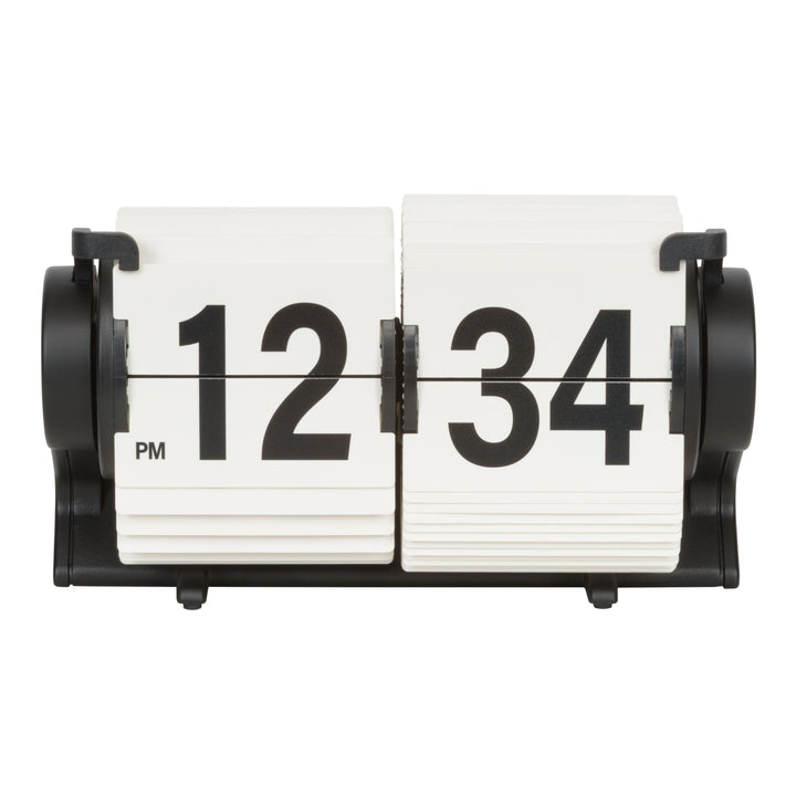 Head-on image of the 536-527W Rollins Mini Mechanical Flip Clock - White featuring white hour and minute flip cards with black numbers in a black case.
