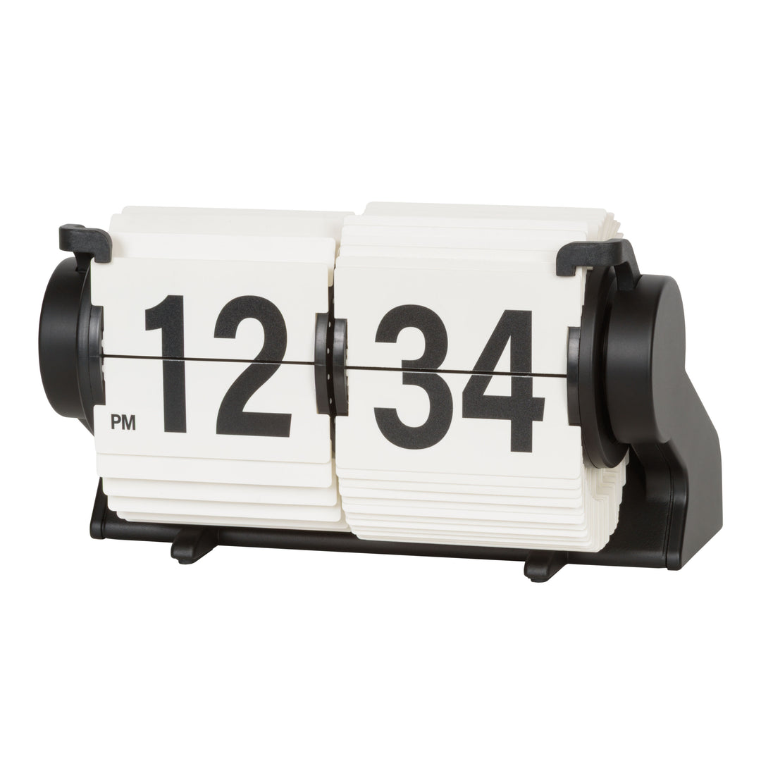 Left-facing image of the 536-527W Rollins Mini Mechanical Flip Clock - White, featuring white hour and minute flip cards with black numbers in a black case.