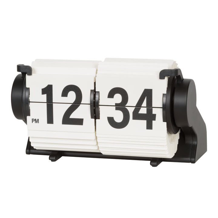 Left-facing image of the 536-527W Rollins Mini Mechanical Flip Clock - White, featuring white hour and minute flip cards with black numbers in a black case.