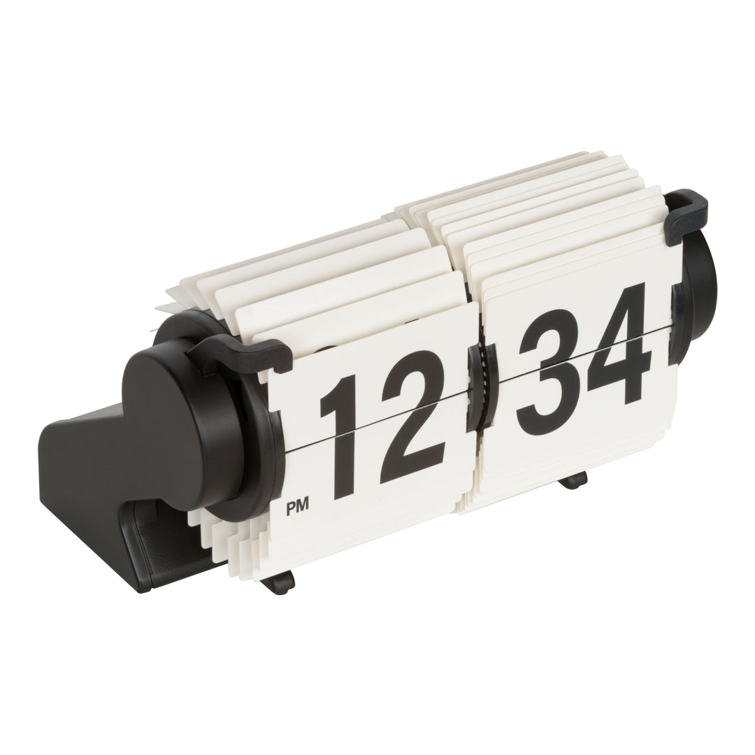 Top view image of the 536-527W Rollins Mini Mechanical Flip Clock – White, highlighting the construction of the flip cards. The clock features white hour and minute flip cards with black numbers in a black case.