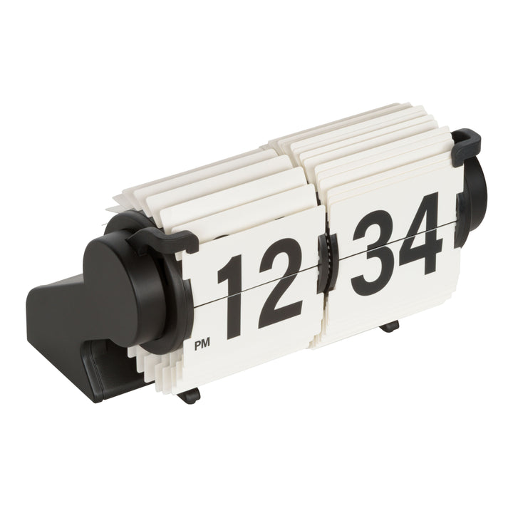 Top view image of the 536-527W Rollins Mini Mechanical Flip Clock – White, highlighting the construction of the flip cards. The clock features white hour and minute flip cards with black numbers in a black case.