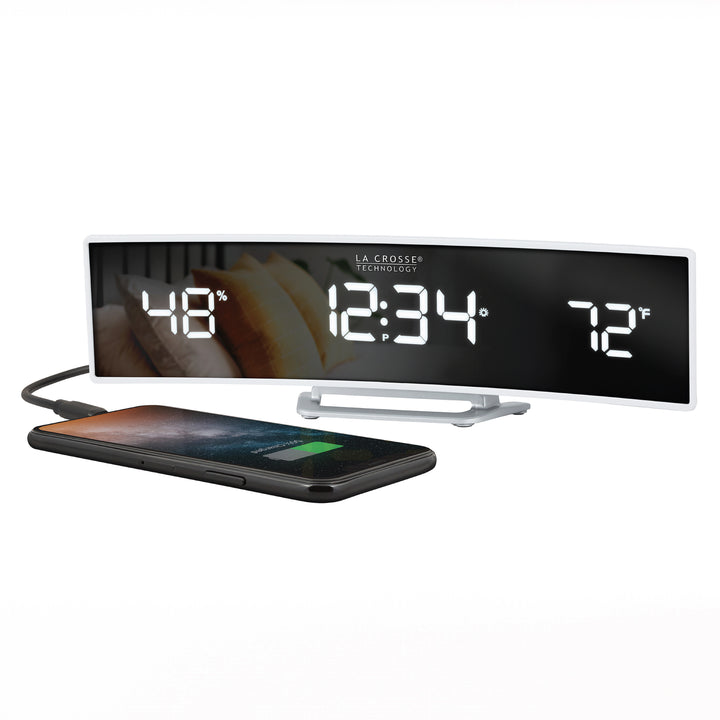 602-247v2 Curved Mirror LED Alarm Clock with Indoor Temp and Humidity