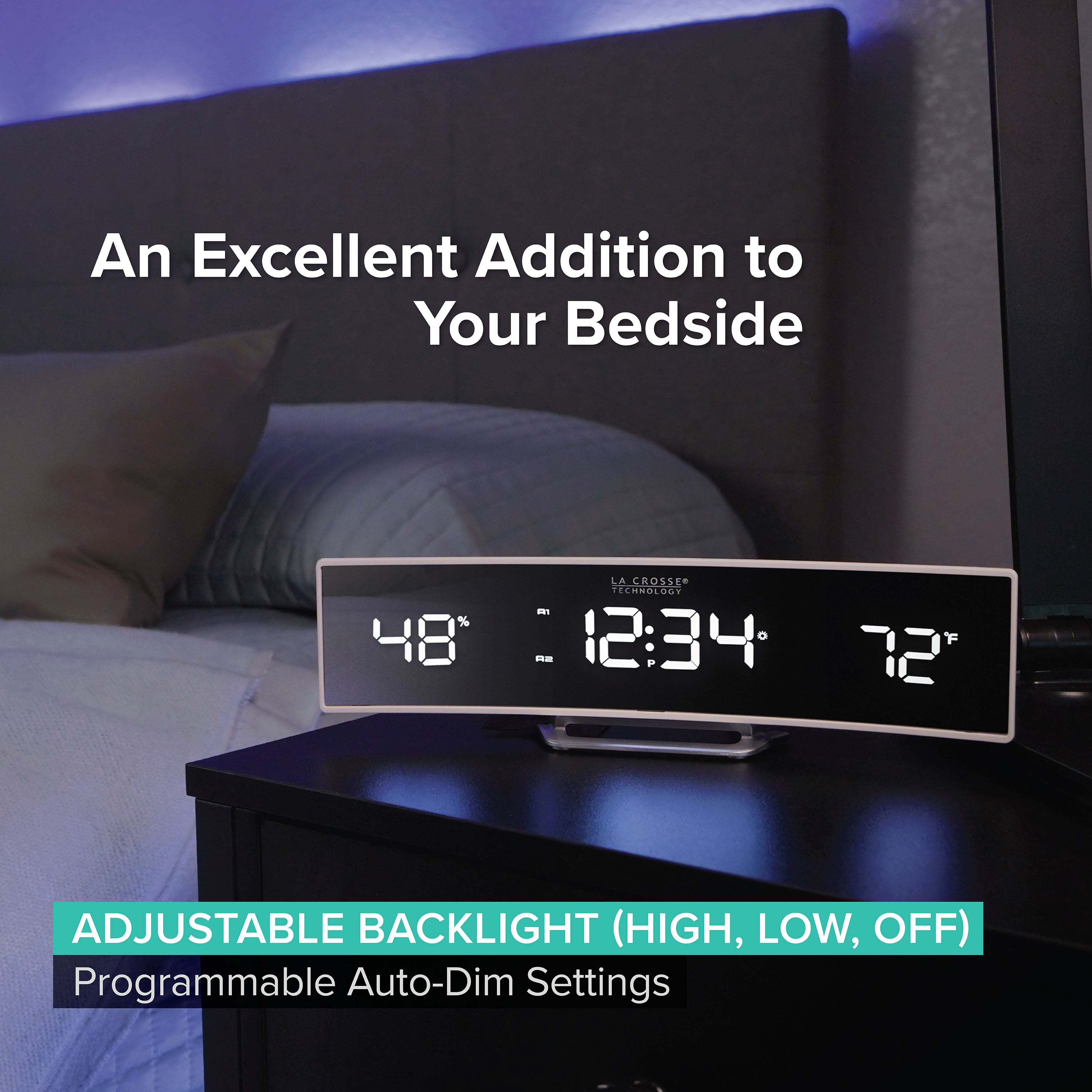 602-247V2 Curved Mirror LED Alarm Clock with Indoor Temp and Humidity