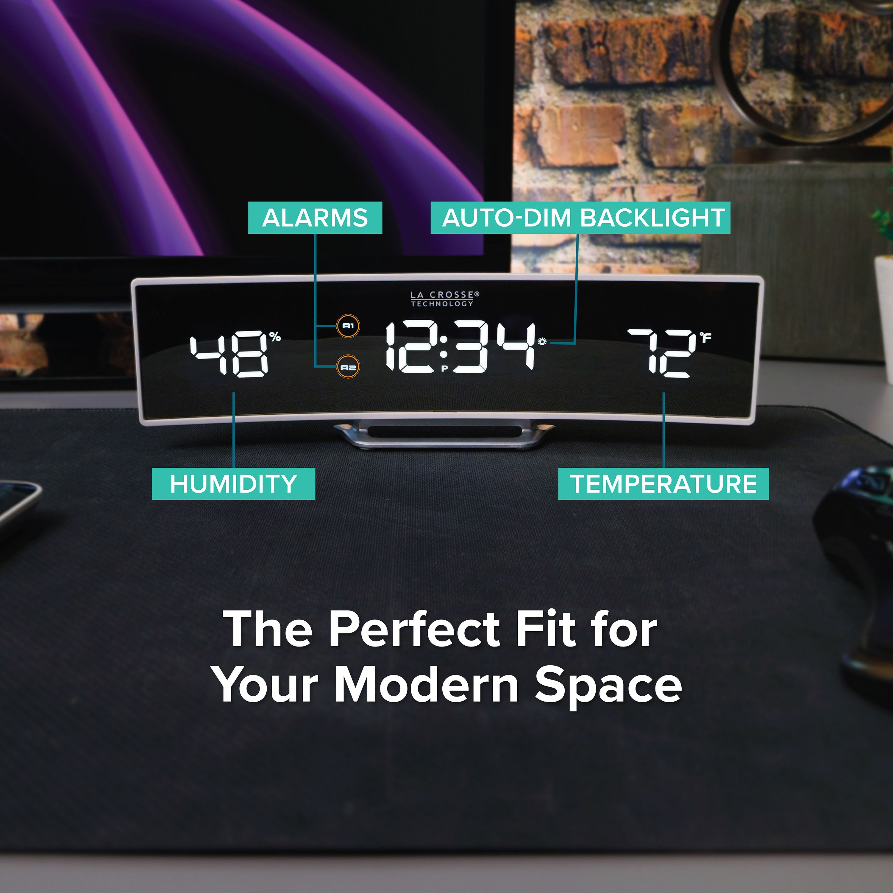 602-247V2 Curved Mirror LED Alarm Clock with Indoor Temp and Humidity