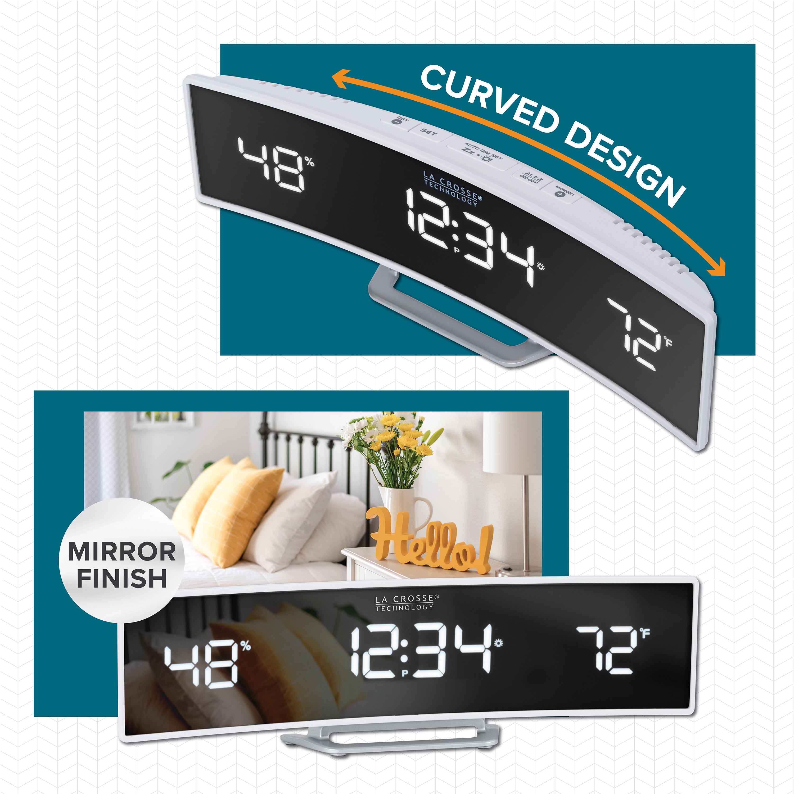 602-247V2 Curved Mirror LED Alarm Clock with Indoor Temp and Humidity
