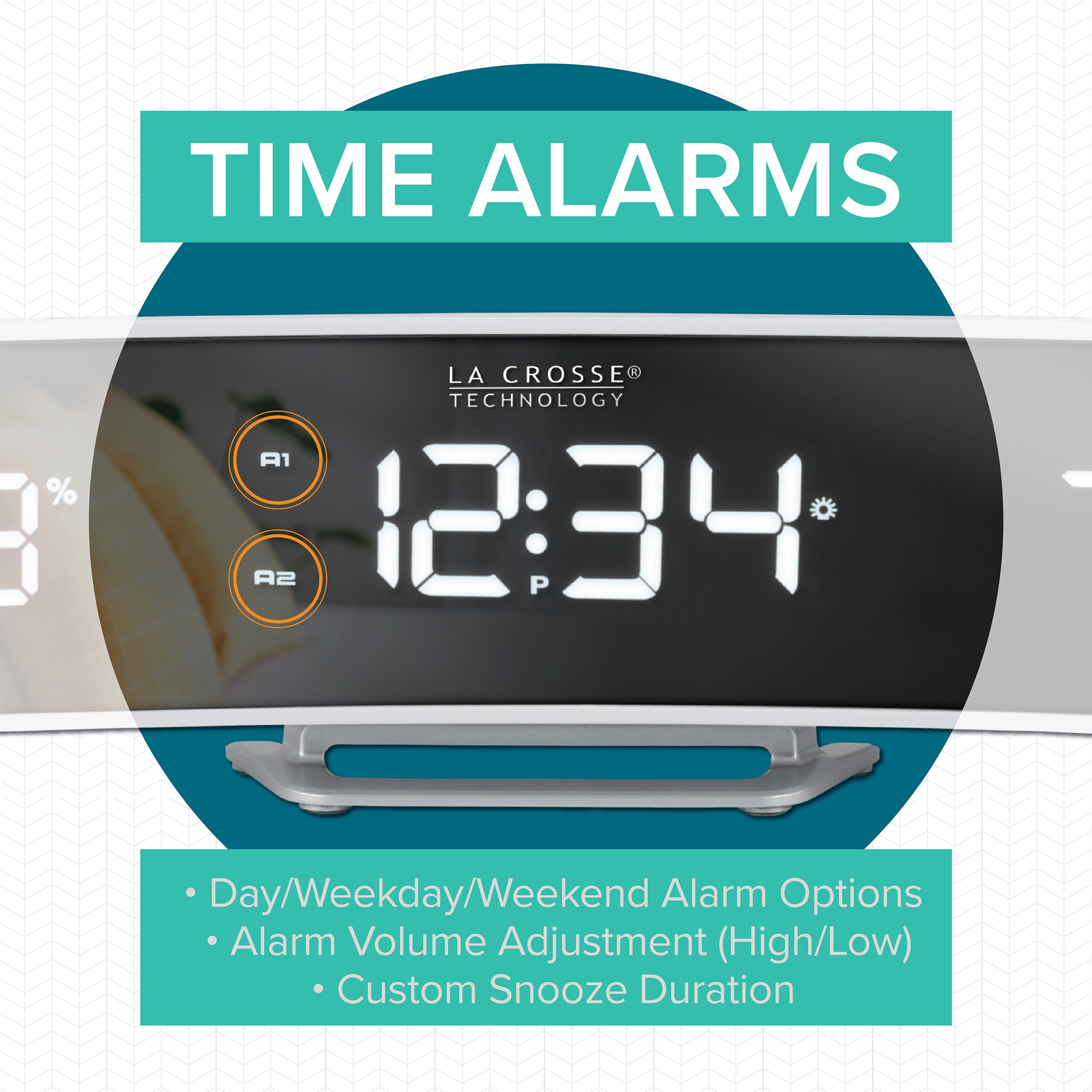 602-247V2 Curved Mirror LED Alarm Clock with Indoor Temp and Humidity