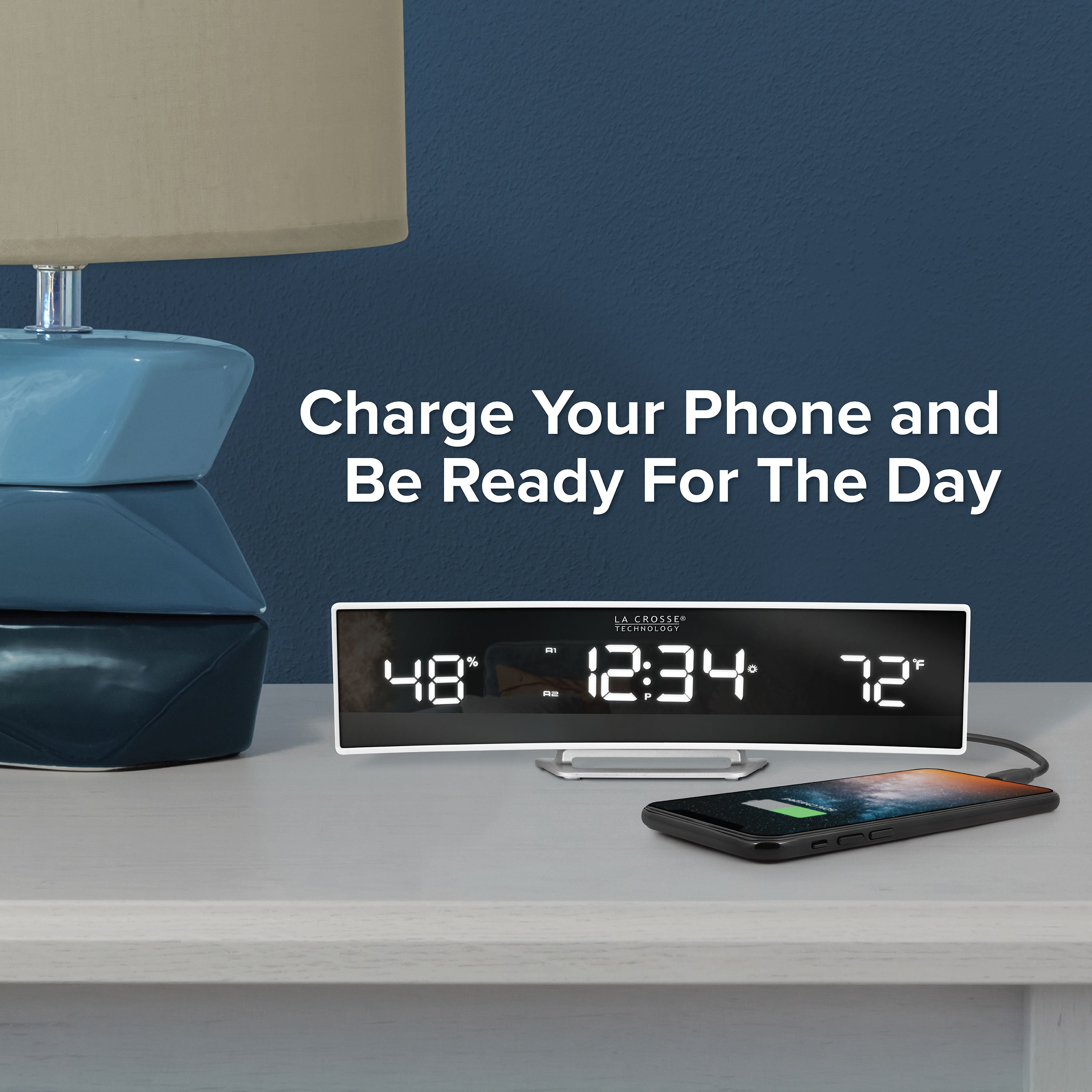 602-247V2 Curved Mirror LED Alarm Clock with Indoor Temp and Humidity